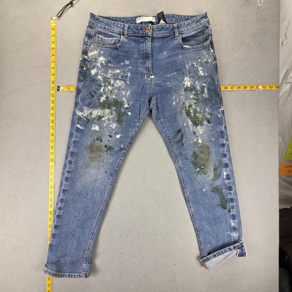 Next Jeans Womens 16 Blue Selvedge Straight Mid Rise Paint Splatter‎ Fits 34x30